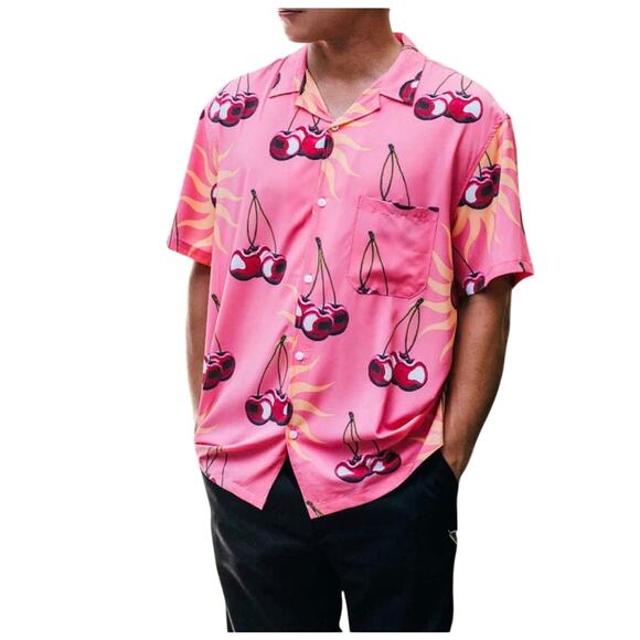 Duvin Cherry Men's Button Up Cabana Shirt Size M Lightweight Stretch Pink NWT - Picture 10 of 10